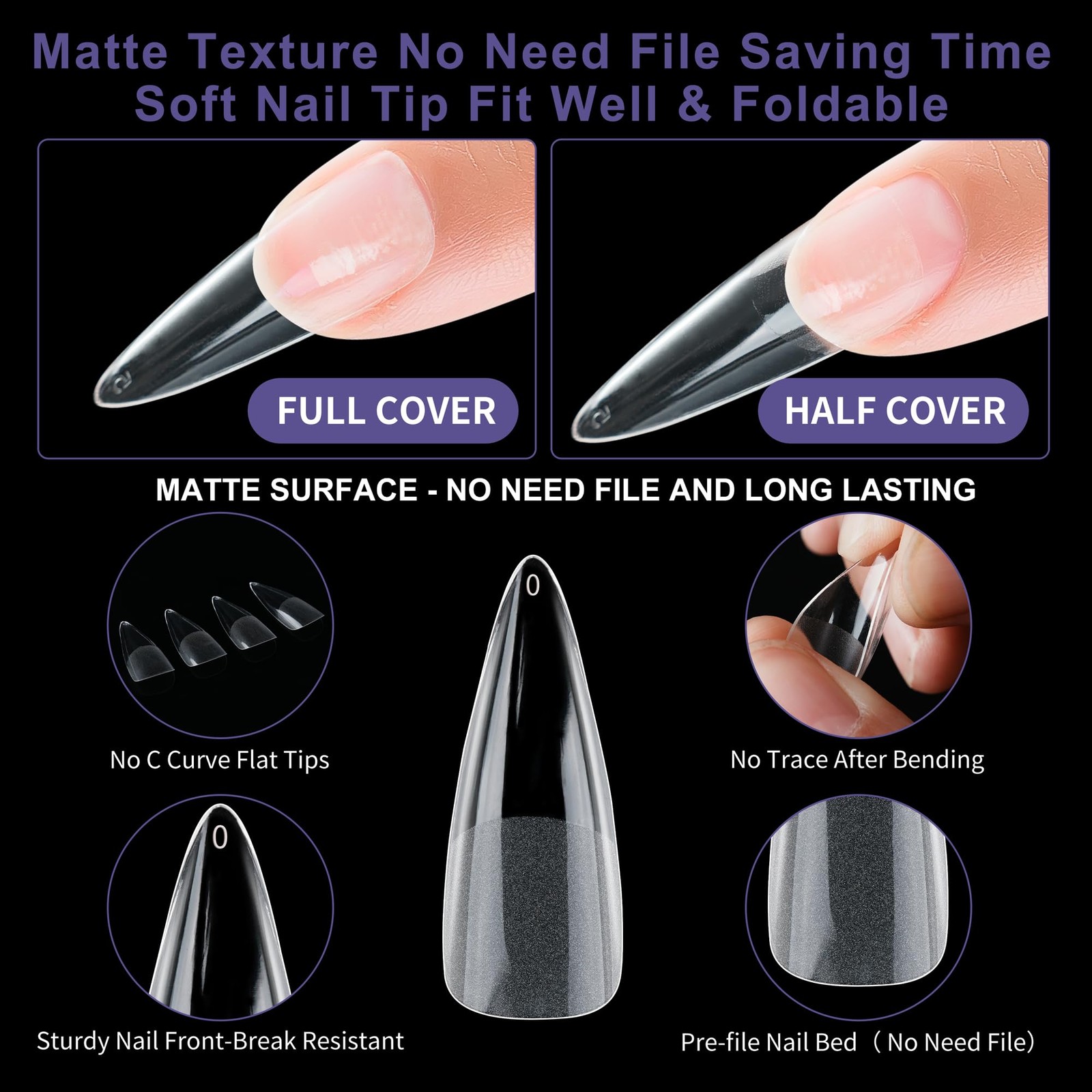 Half Matte Long Pointed Fake Nail Tips, Soft Gel Pre-Shaped Nail Tips, Full C…