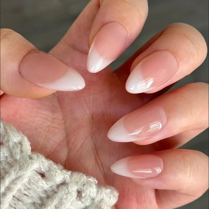 10pcs Handmade Press On Nails Classic French Almond Cat Eye Nude Full Coverage