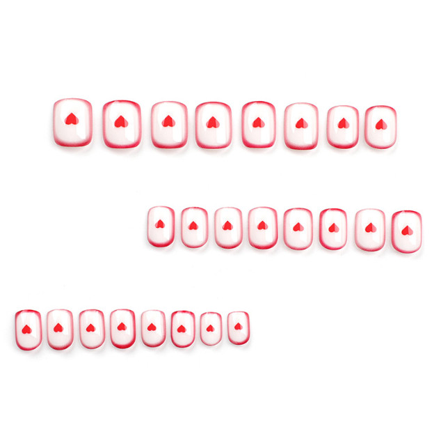 French-style red-edged press-on nails, minimalist red heart short square nails