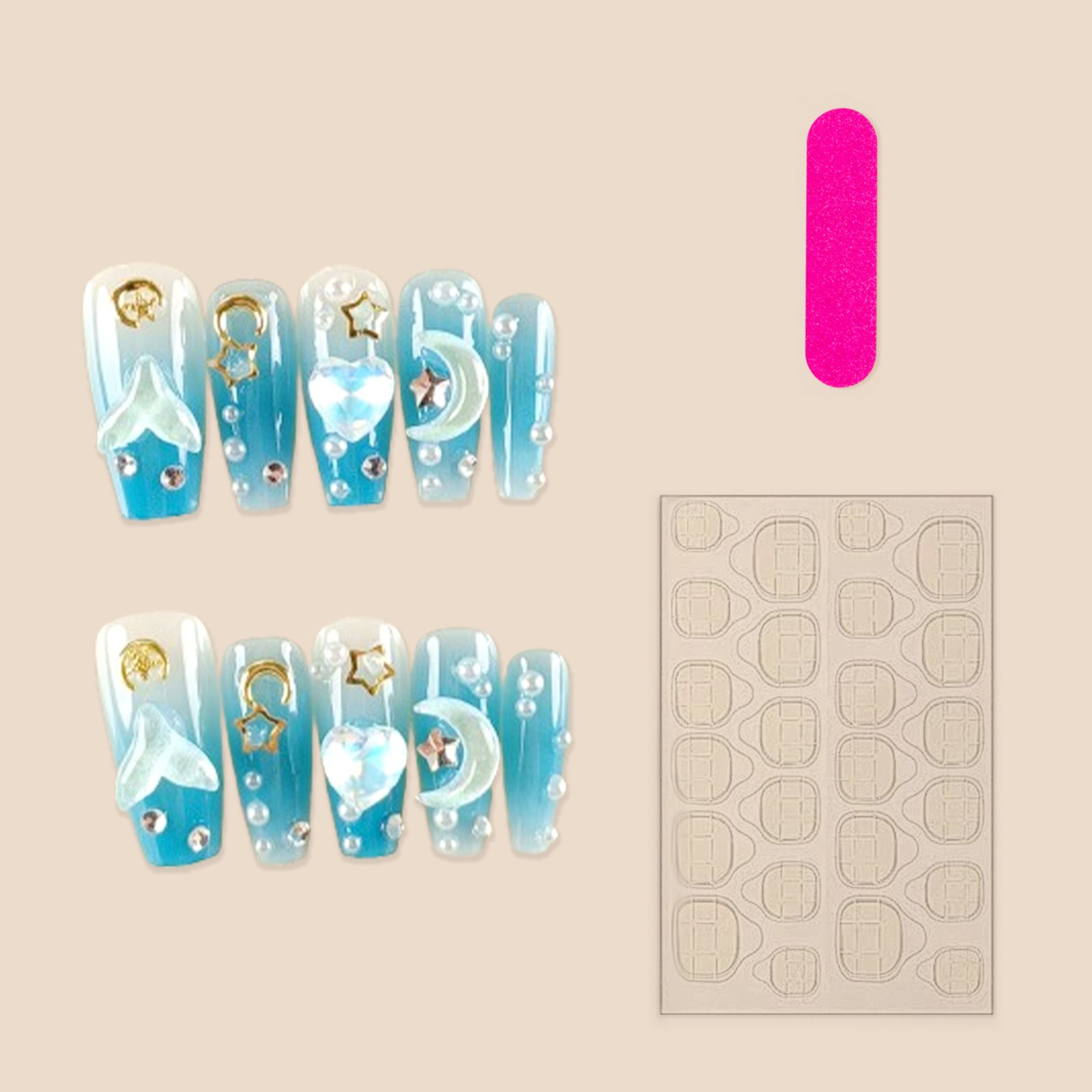 Nail Art Stickers 3D Heart Blue Icy Clear Ocean Moon Collection 10-Piece Set