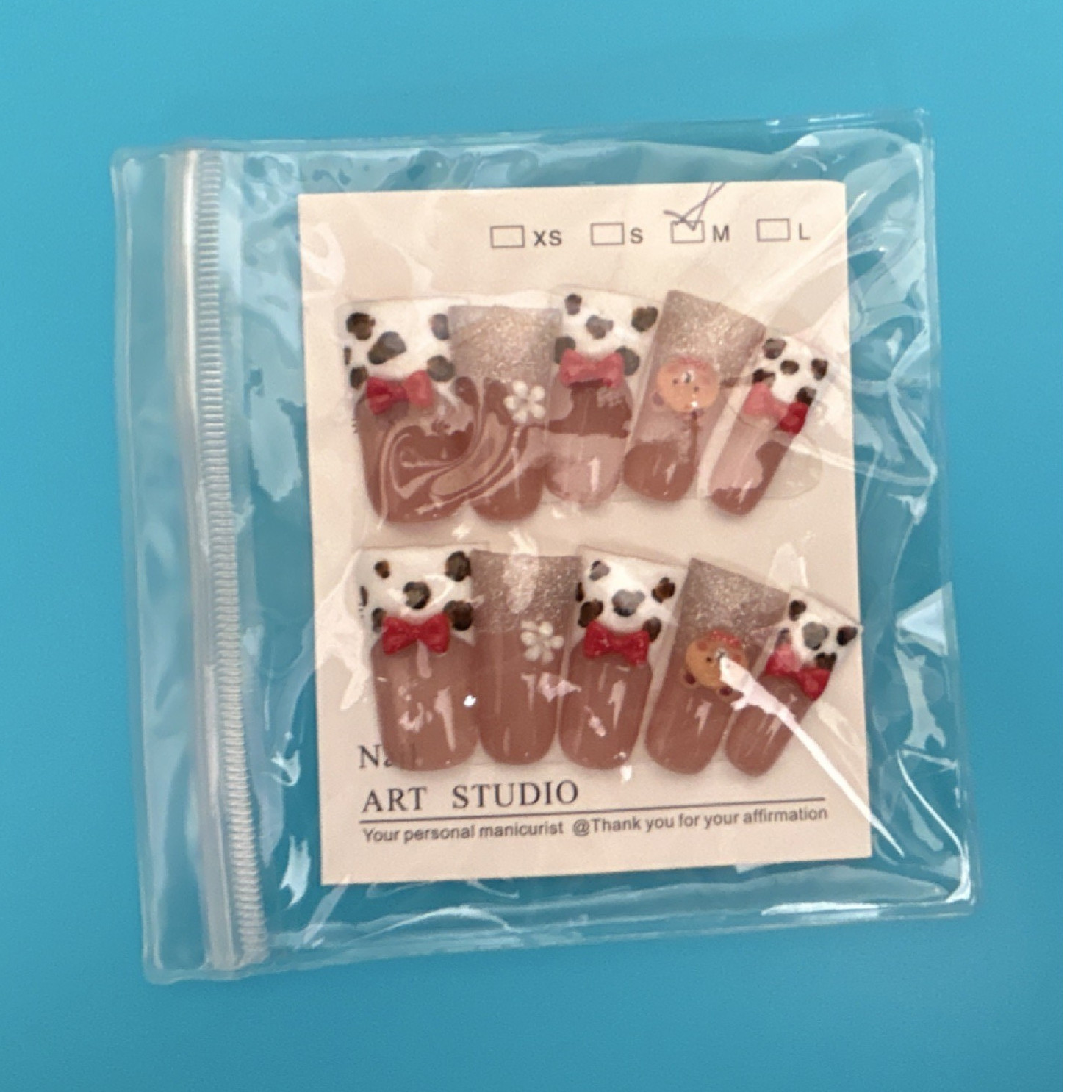 Animal Theme Square Press-On Nails, Medium, Brown/White/Red/Black 3D