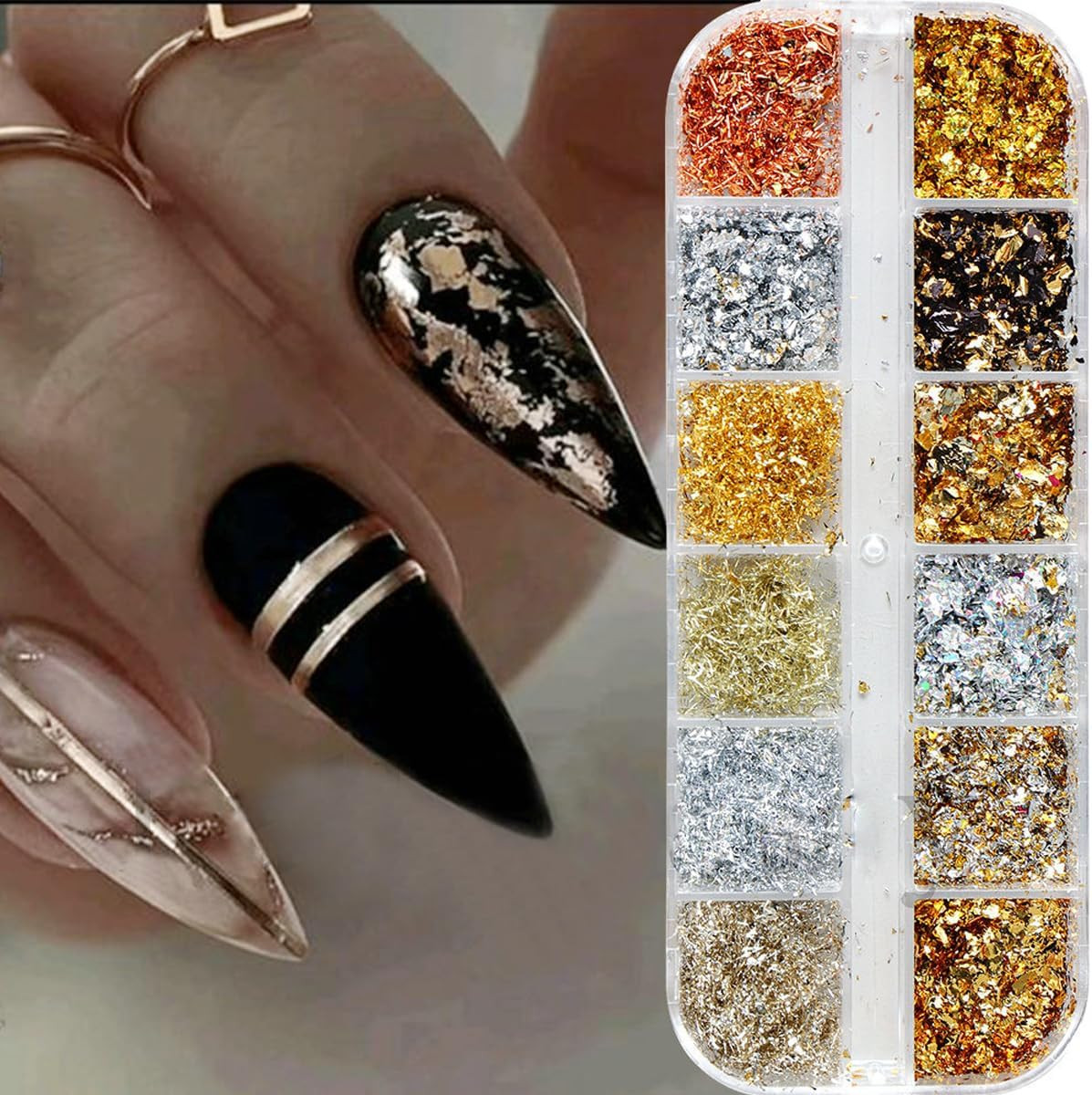 Holographic Nail Glitter Gold Foils for Kit, 12 Grids Sparkly Ultra-Thin Aluminu