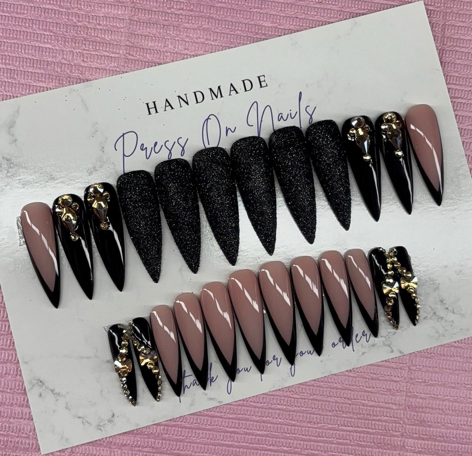 Extra long stiletto press on nails black deep v French tip rhinestones glitter