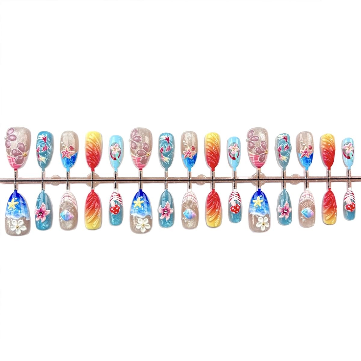 Summer Ocean Press on Nails Long Almond Fake Nails 3D Starfish Seashell Flowe…