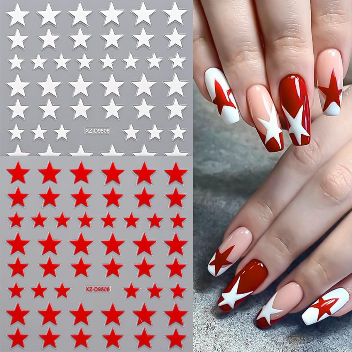 8 Sheets Star Nail Art Stickers Self-Adhesive 4Th of July Nail Decals Red White
