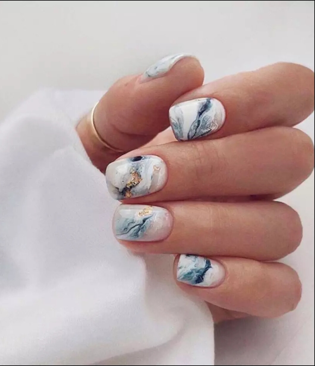 24 Short Press on nails kit w glue white blue marble design glitter gold geode