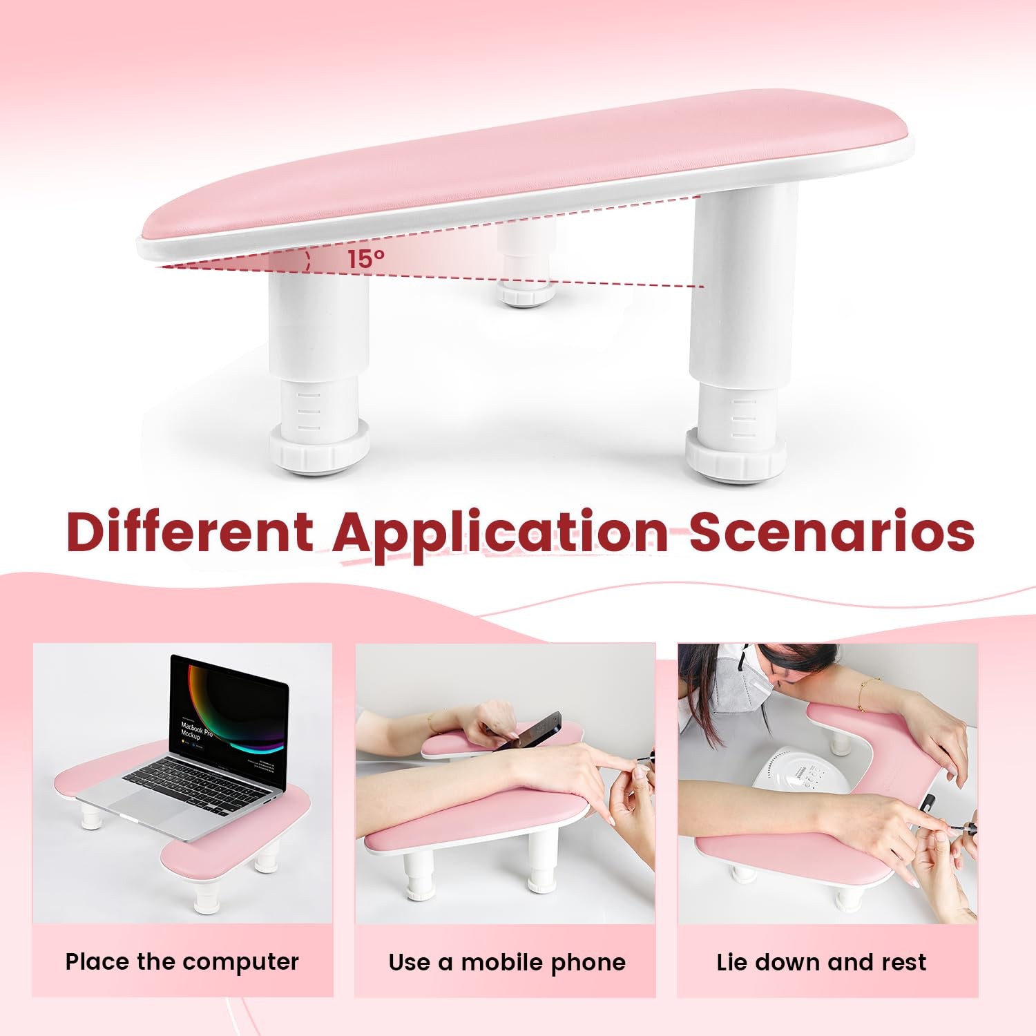 Pink U-Shaped Manicure Arm Rest for Nails Tech with Rotating 360°Built-In Pho…