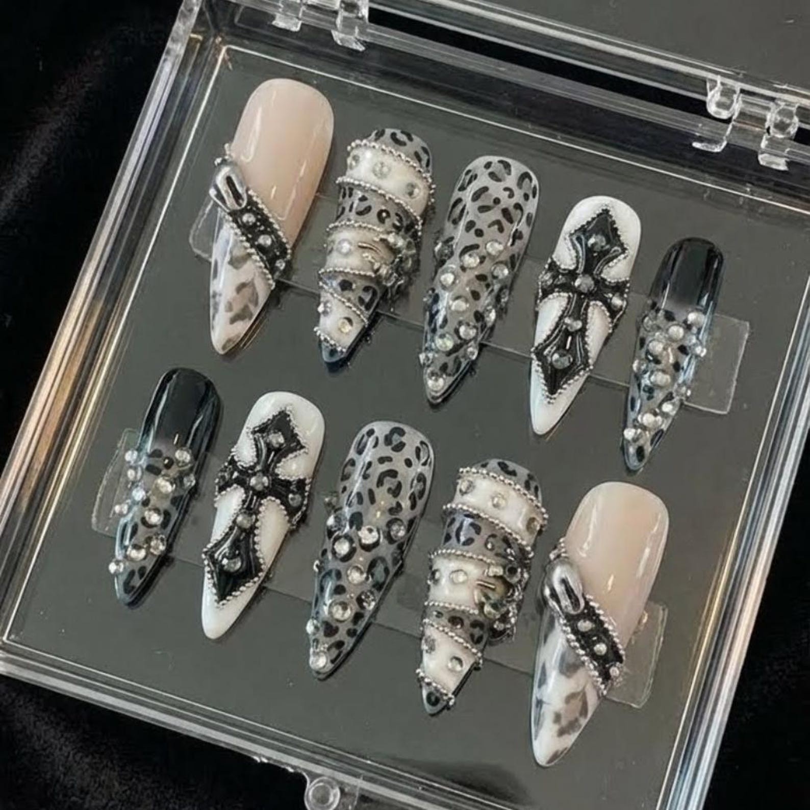 Handmade Black Leopard Cross Chain Rhinestone Long Stiletto Press on Nails