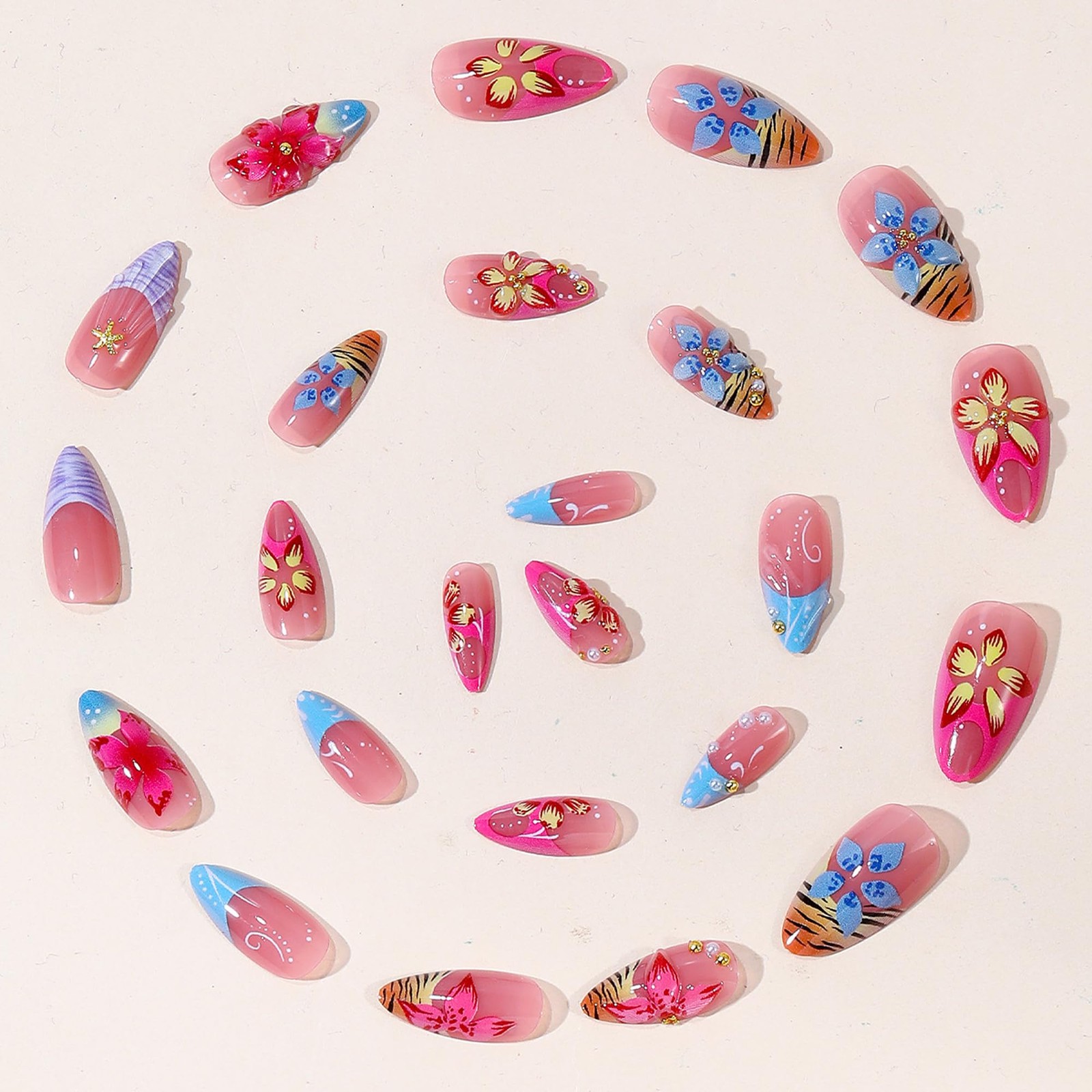 24Pcs Tropical Press on Nails Medium Almond Fake Nails with 3D Ocean Flower A…