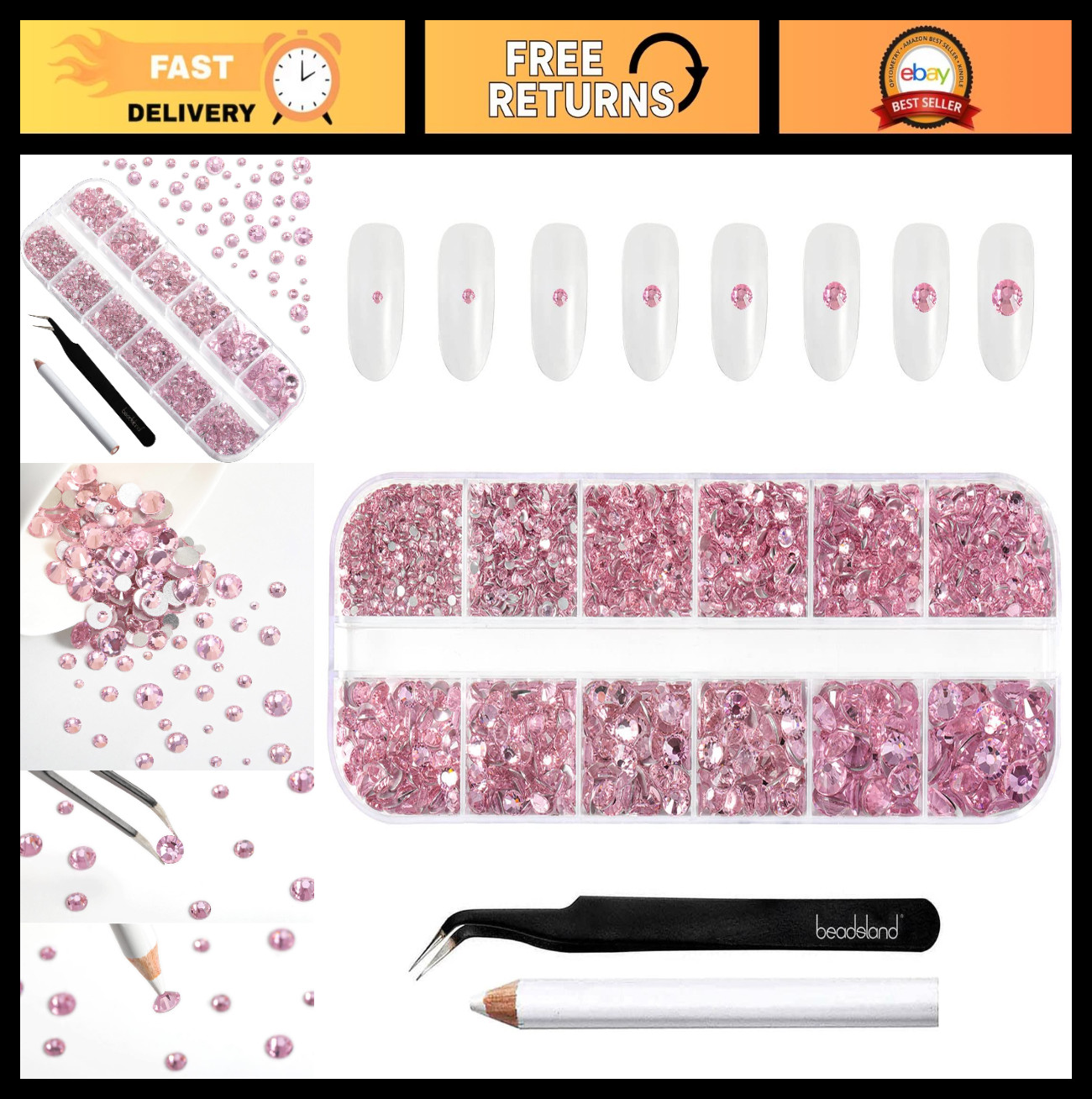 2500pcs Pink Flatback Rhinestones for Makeup & Crafts, 8 Sizes with Tweezers & W