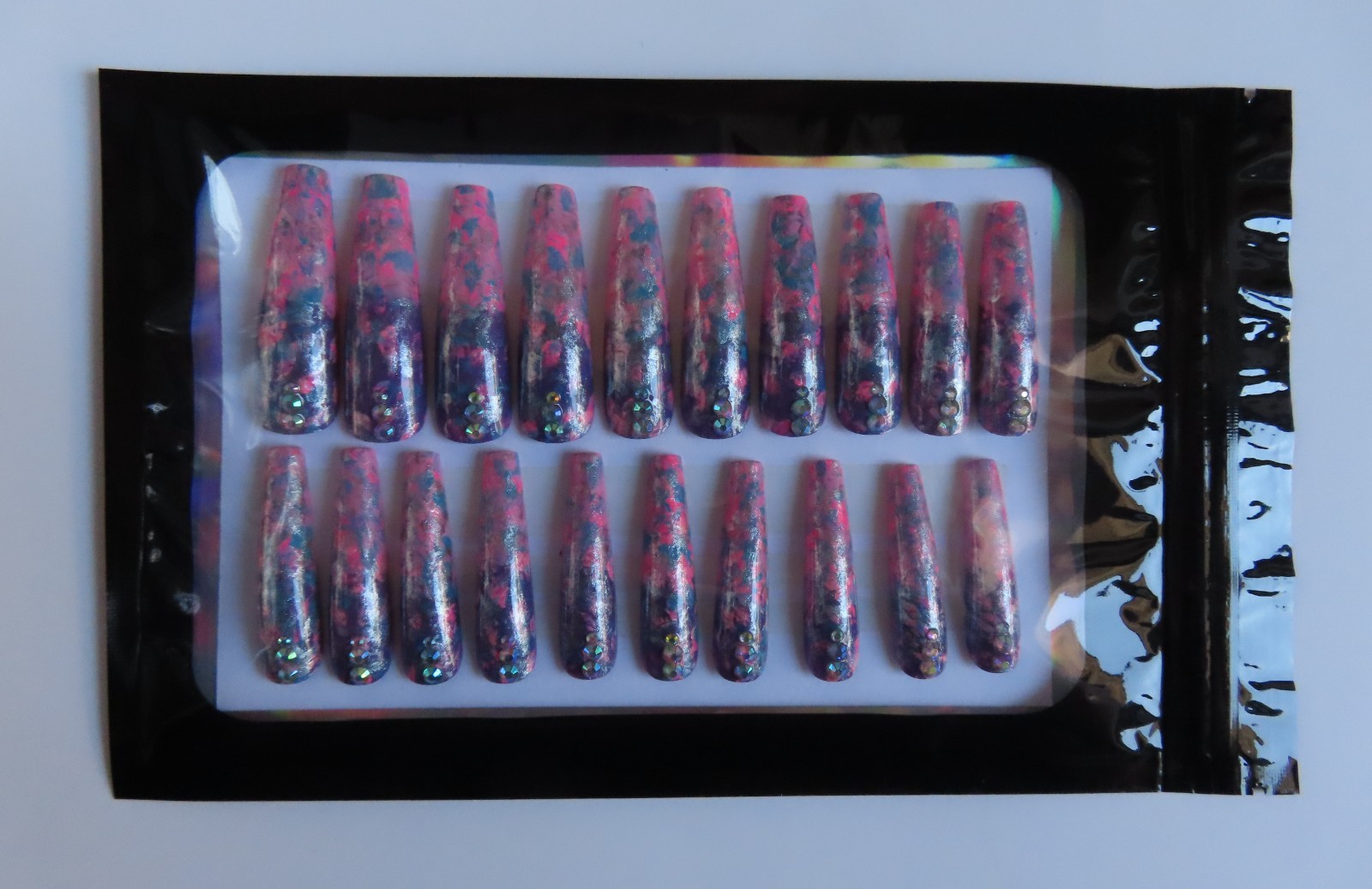 XL Pink Purple Blue Silver Metallic Rhinestone Splatter Coffin Press On Nails