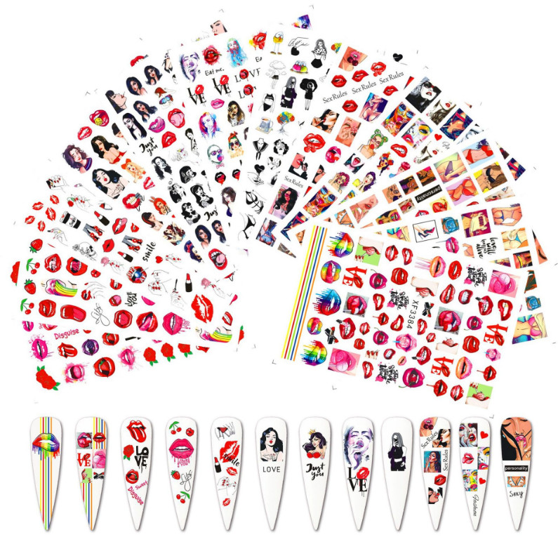 Nail Art 3D Decal Stickers Sexy Red Lips Tongue Lollipop Rose Heart Rainbow NH10