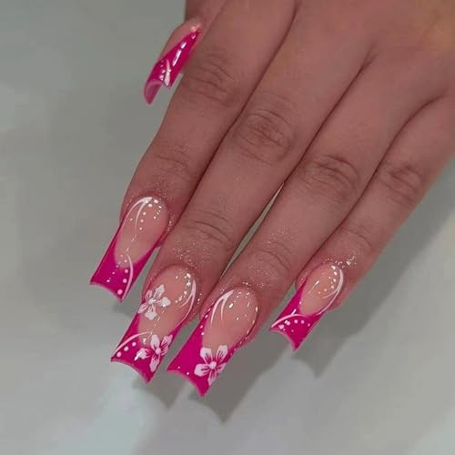 Press on Nails Long Square Fake Nails Glossy Glue on Nails Hot 08005Hot Pink
