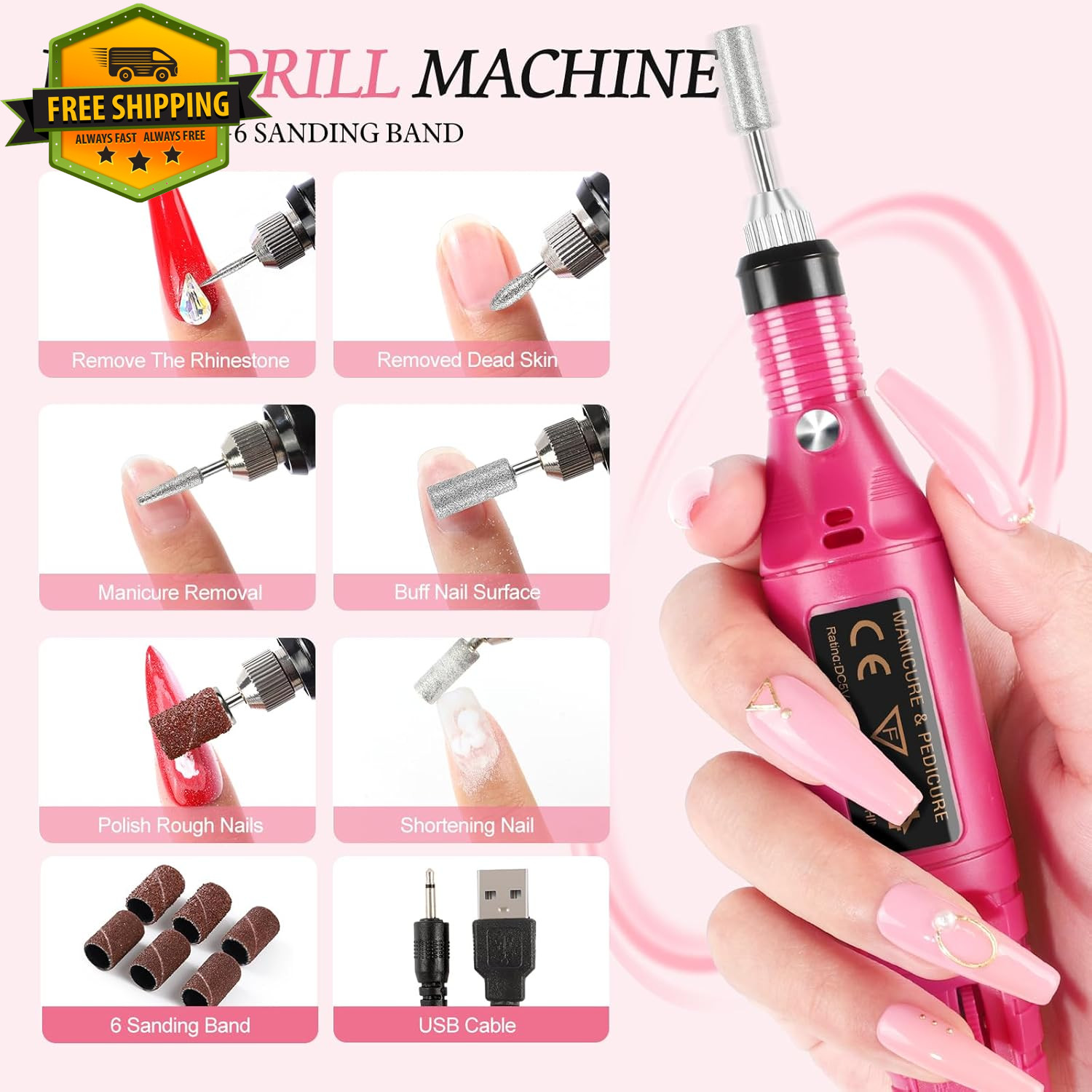 Acrylic Nail Kit With Drill UV Light 3 Powder Glitter Tips DIY Home Salon Set
