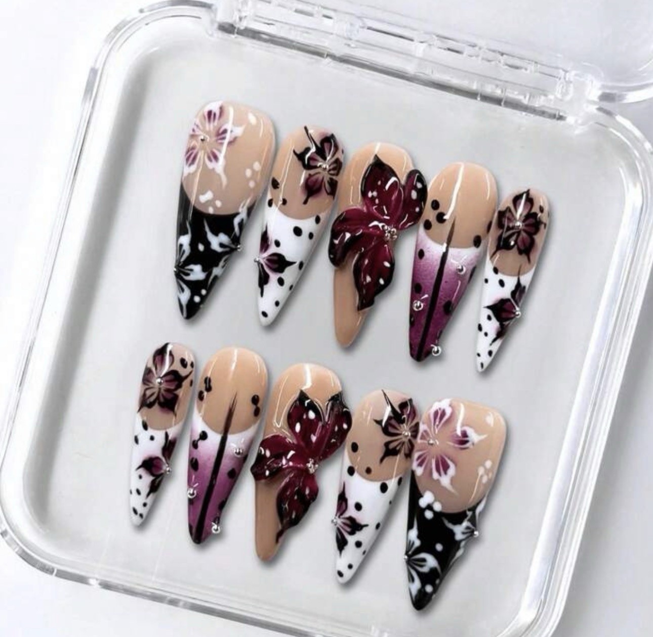 3D Floral Nude White Black Burgundy Long Stiletto Press-On Nails Acrylic Set