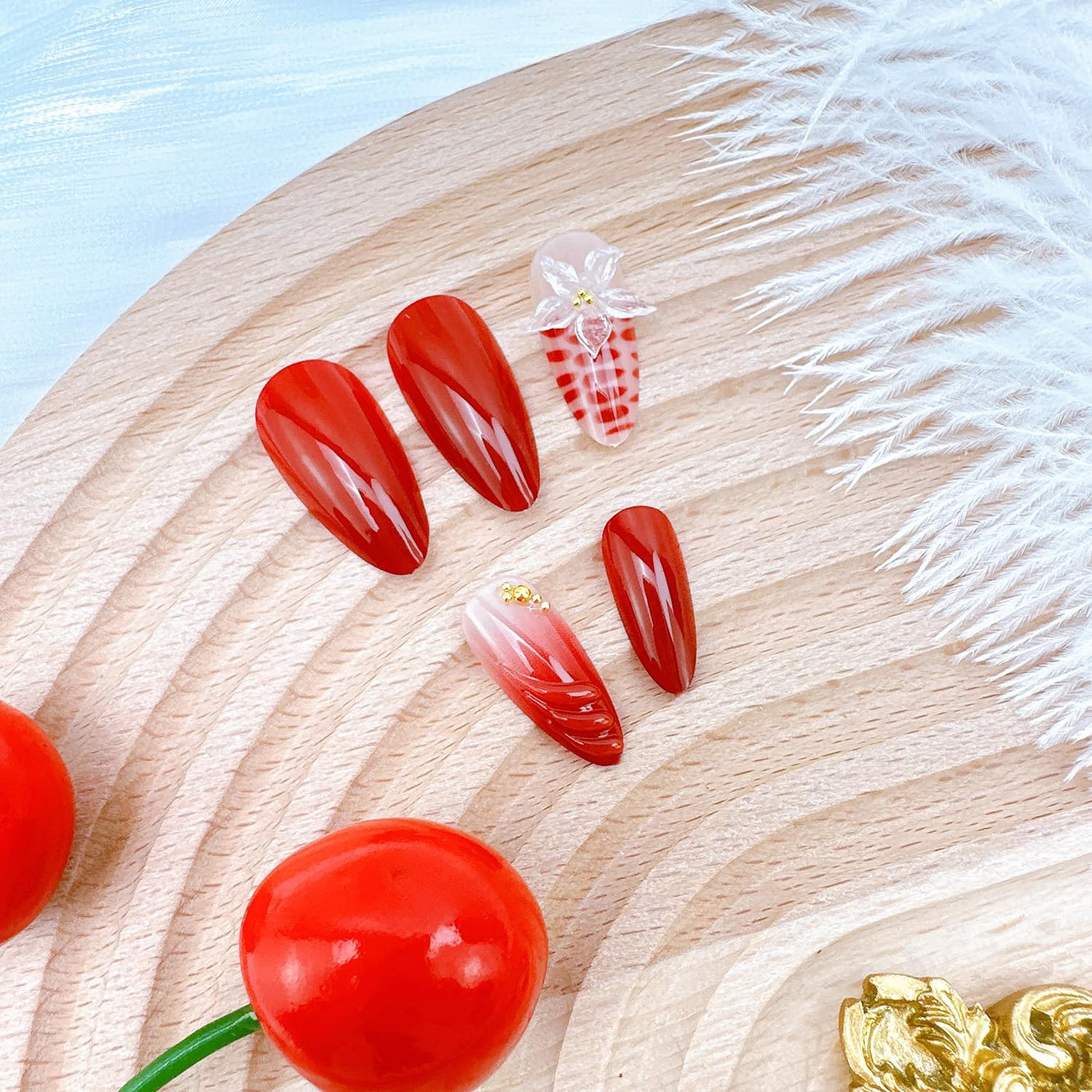 24Pcs Almond Press on Nails Medium Length 3D Flower Fake Nails with Gold Beads W