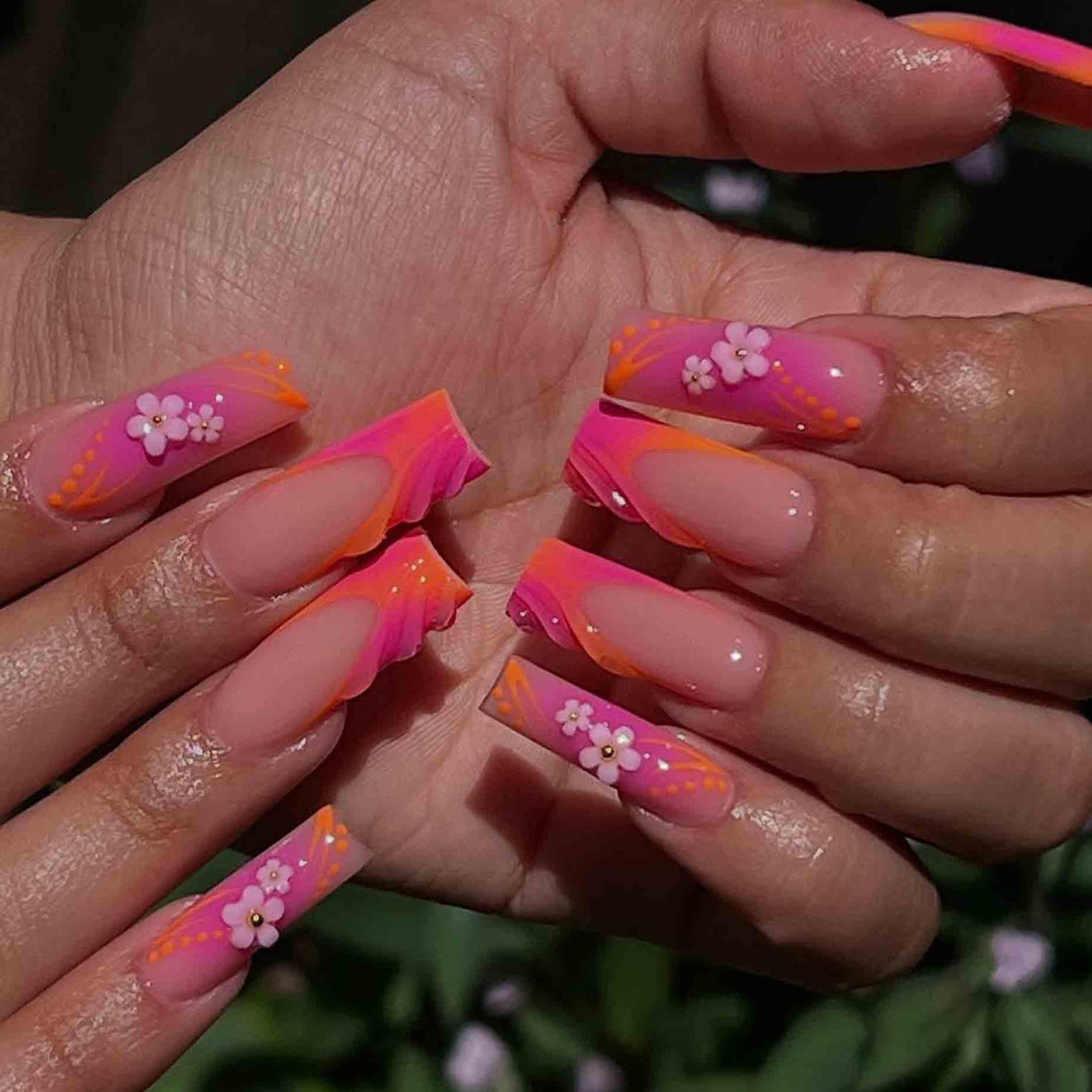 Handmade Pink Orange Gradient 3D Flower Wave Long Coffin Press on Nails