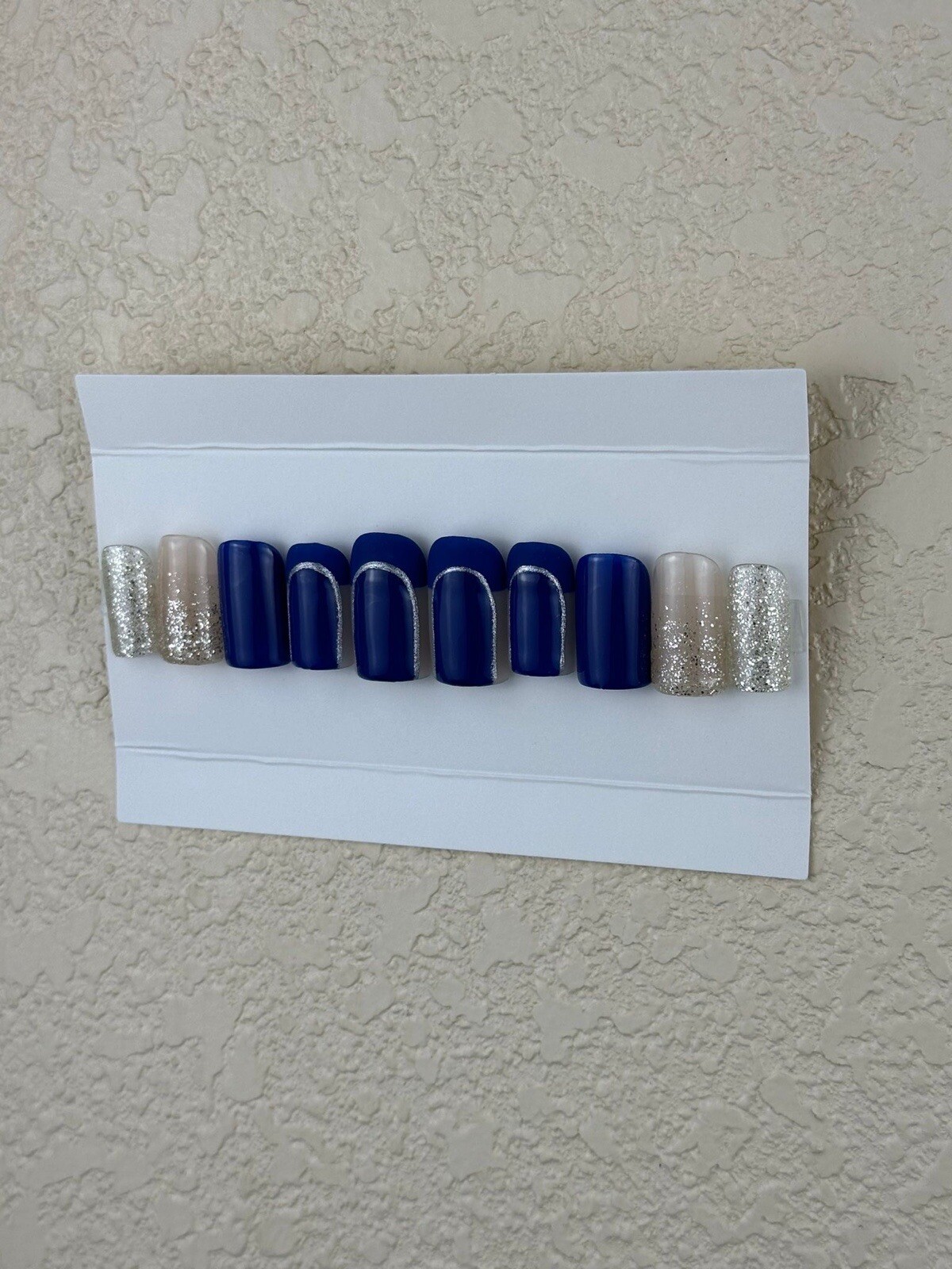 Blue & Gold Press On Nails, 10 Piece Full Set W/ Installation Kit