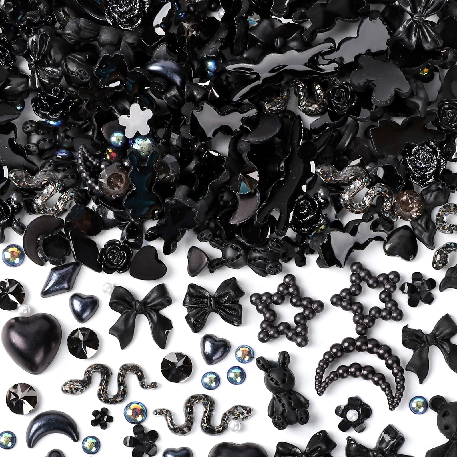 110PCS 3D Nail Charms – Camellia, Rose, Butterfly, Heart, Bear, Star (Black+2)