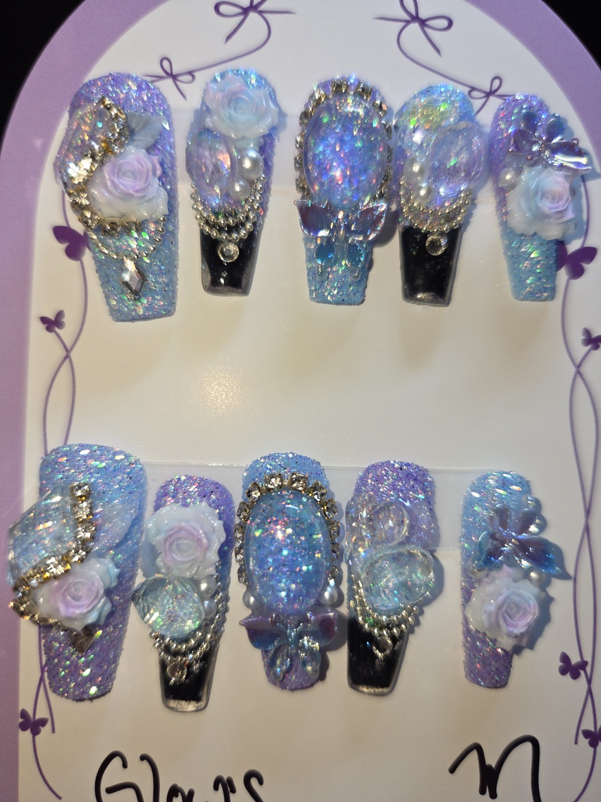 Press On Nails Blue Purple Medium Short Coffin Water Aqua Nails, GLOW N DARK