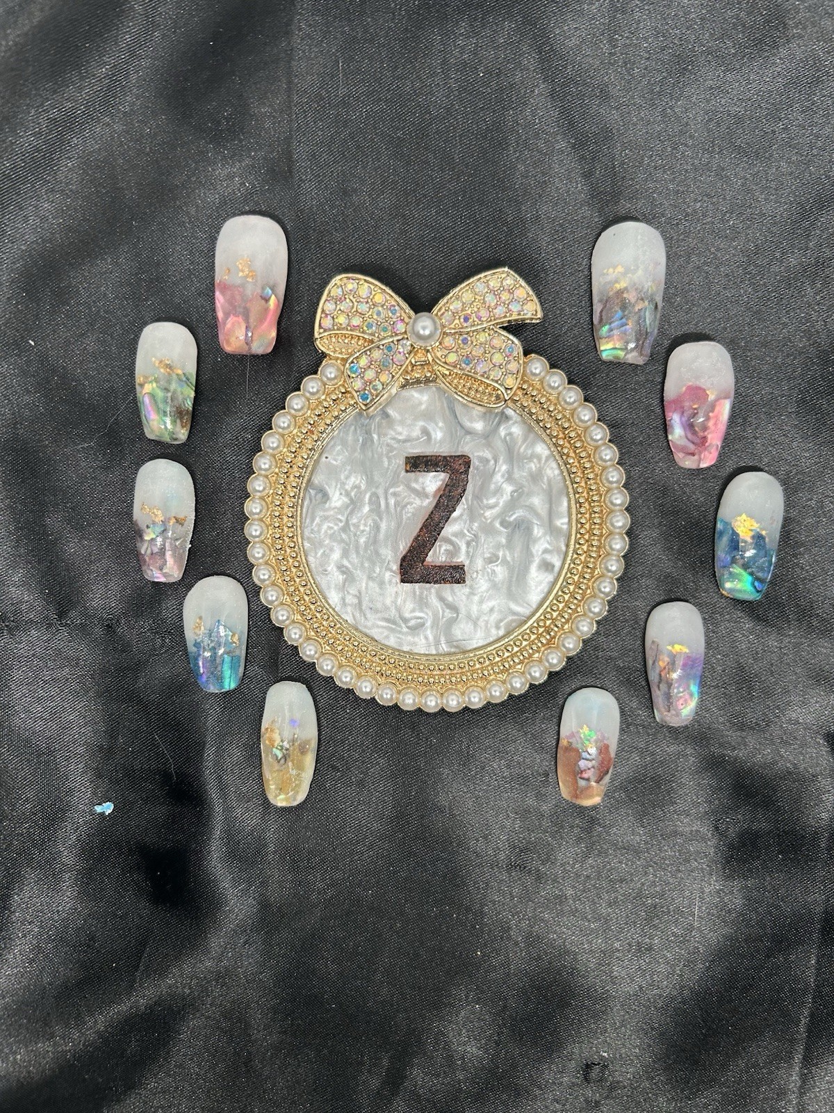 Z NAILZ! Handmade Gorgeous Milky White & Encased Abalone Shell Press On Nails