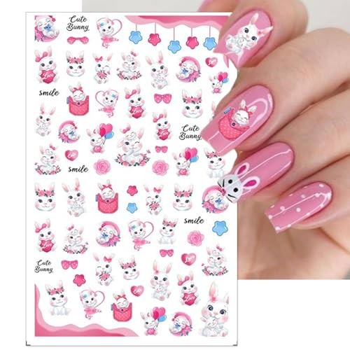 Nail Art Stickers – Pink Bunny Flowers Self-Adhesive 3D Rabbits Nail Easter