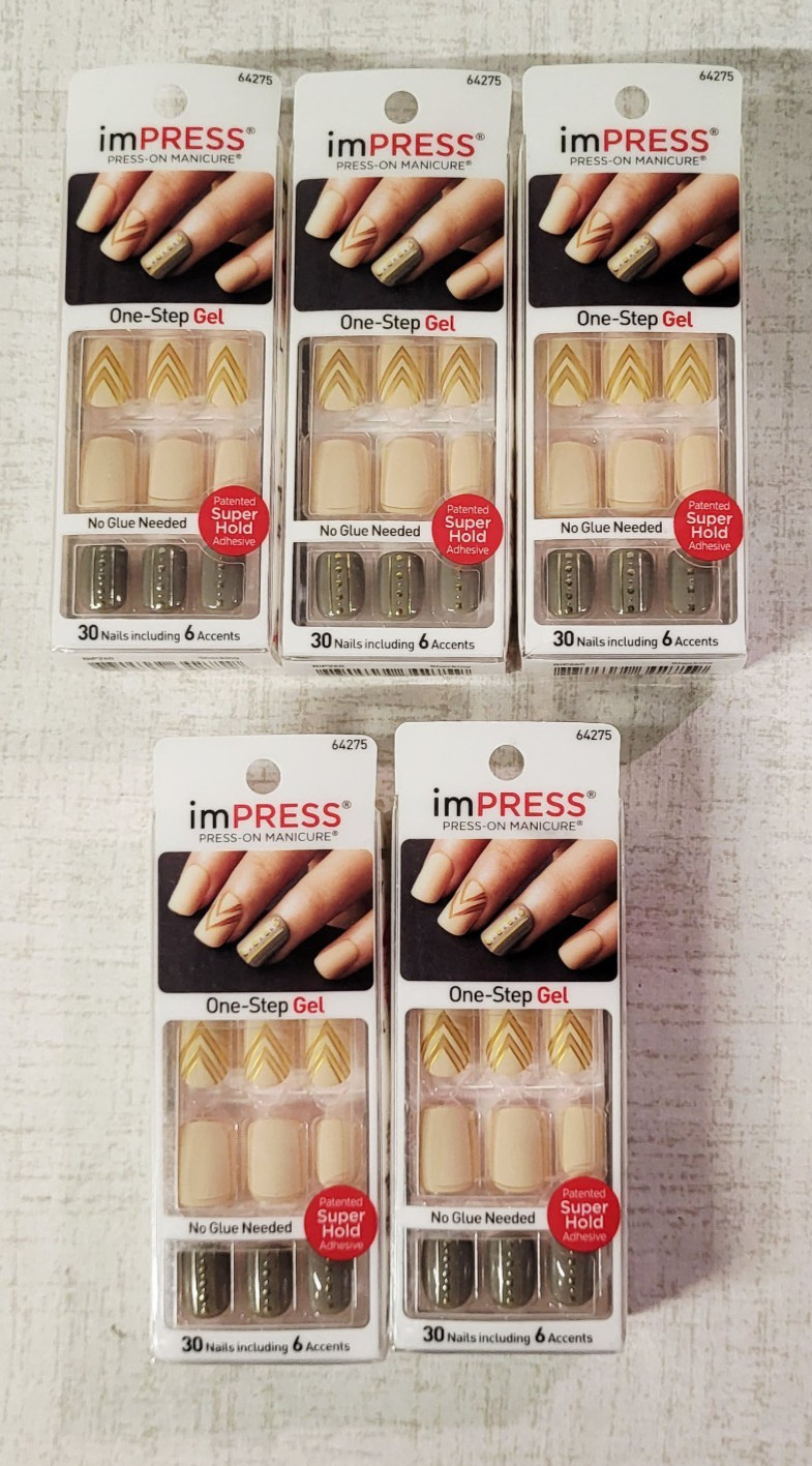 Kiss Impress Press-On Nails 24 Nails SHOCKING Nude Gray Tan w/ Stones- LOT OF 5