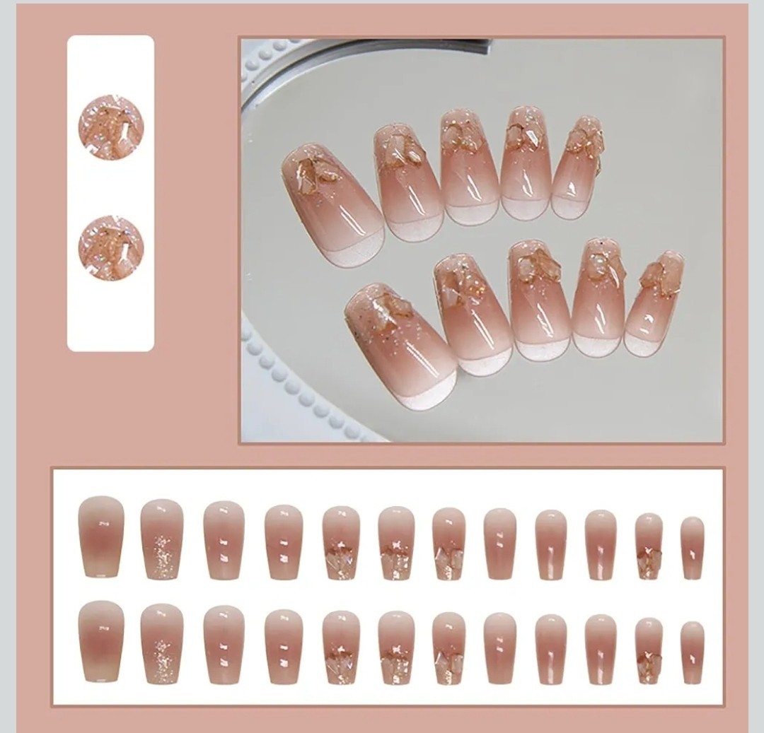 Medium Square Beige Gold Glitter 3D Press-On Nails Set Ombre Full Cover Acrylic