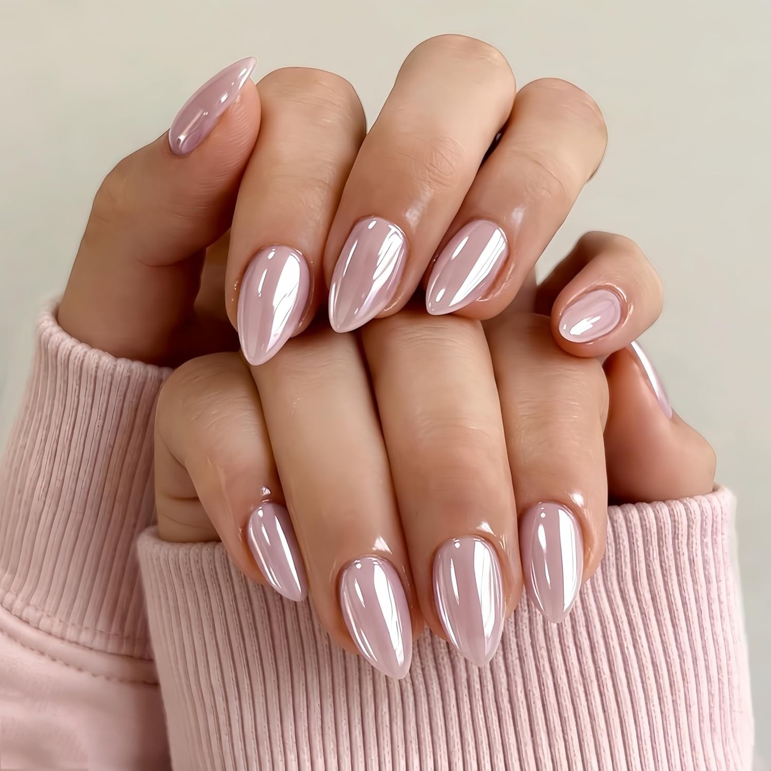 KQueenest Chrome Pastel Light Pink Press On Nails, 30 Pcs Almond Fake Nails