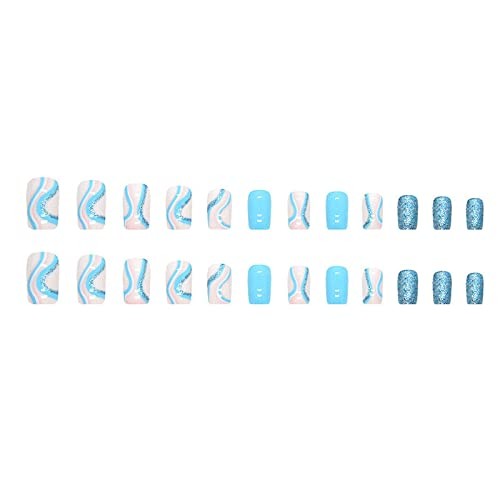 Press on Nails – Short Square Fake Nails with Summer Blue Swirl, 00901Blue
