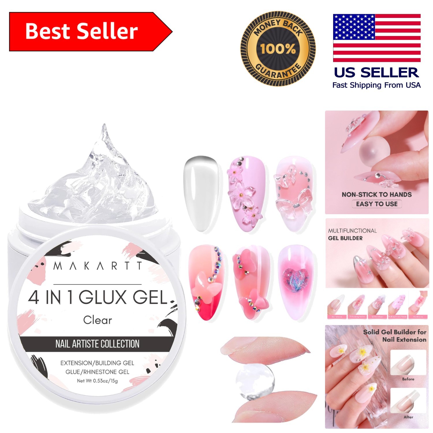 Clear Solid Builder Nail Gel for 3D Art & Extensions – 15ml Non-Sticky Formula