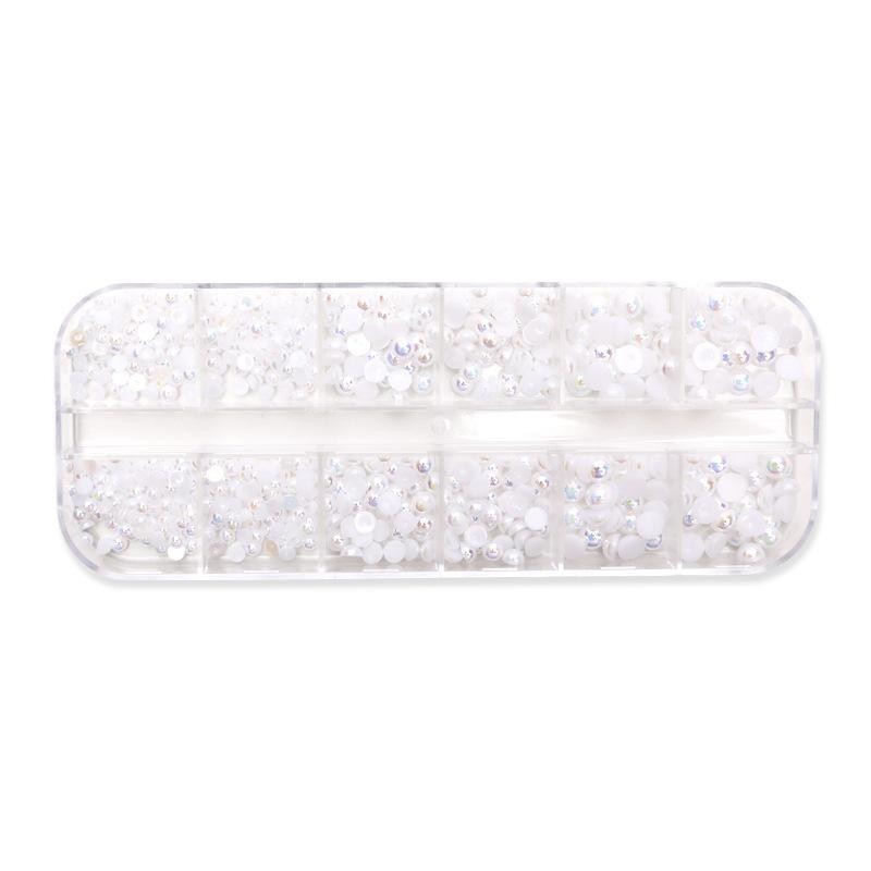 12-Grid AB Iridescent Mermaid Nail Pearls Set, Mixed Size Semi Round Gems