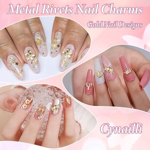 2 Boxes 3D Gold Nail Charms, Assorted Bow Bowknot Heart Star Alloy Nail Studs,