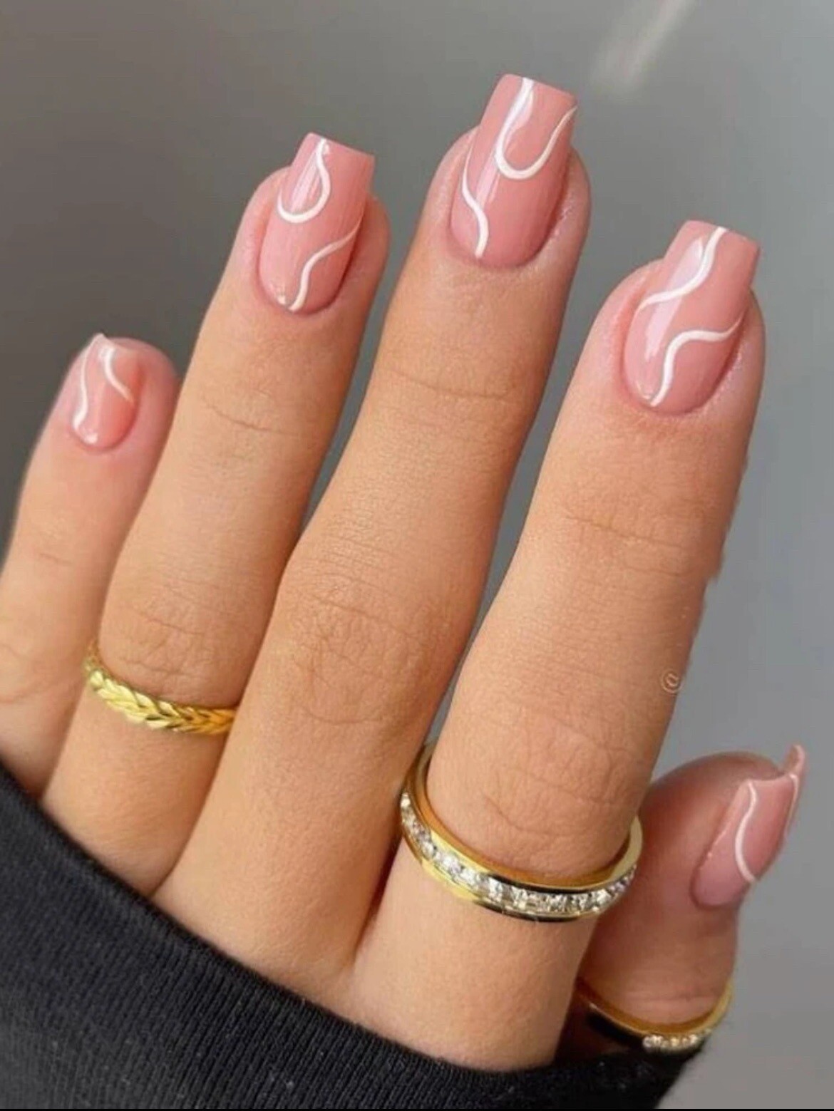 Pink Nude Square Press On Nails With White Abstract Swirls Set