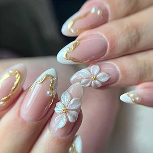 French Press on Nails Almond Medium Fake Nails with Designs 3D Gold Lines