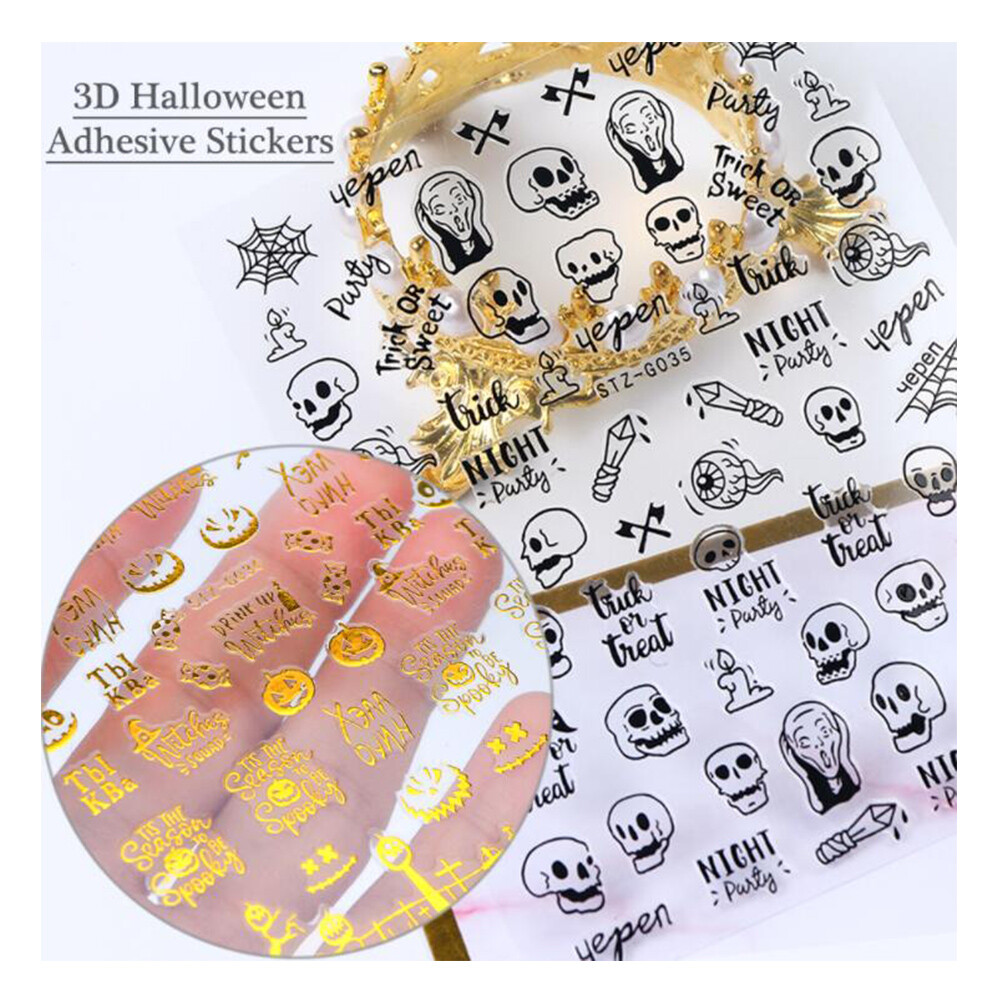 Gold Black Halloween Bat Witch Pumpkin Skull Nail Sticker Art Decal Waterproof