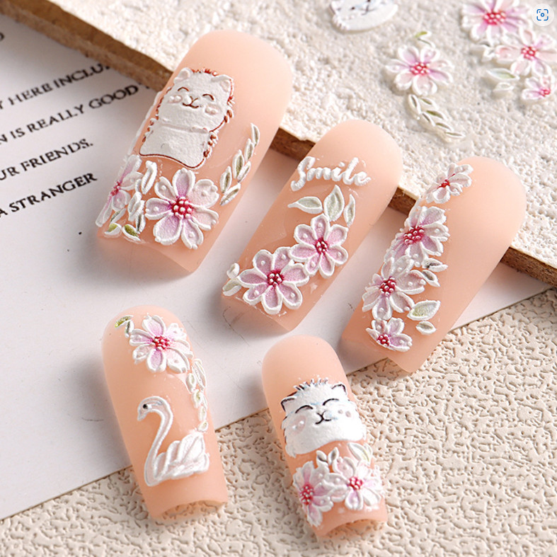 5D Embossed Pink Camellia Flowers Decals Nail Stickers Sliders Manicure JI5D45