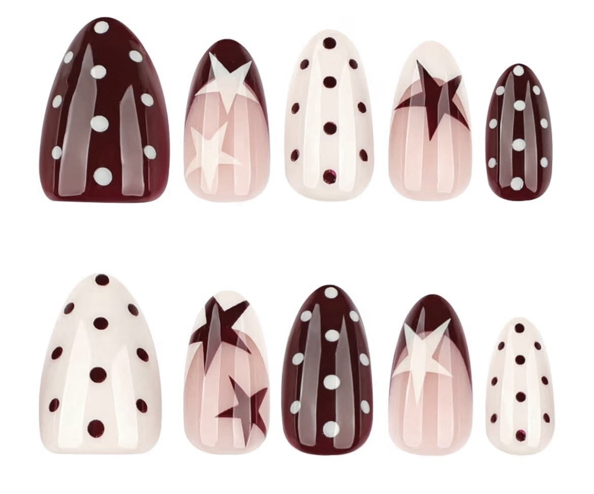 Press-On Nails Full Cover Pre-Designed 3D Oval Medium Brown White Pink Stars