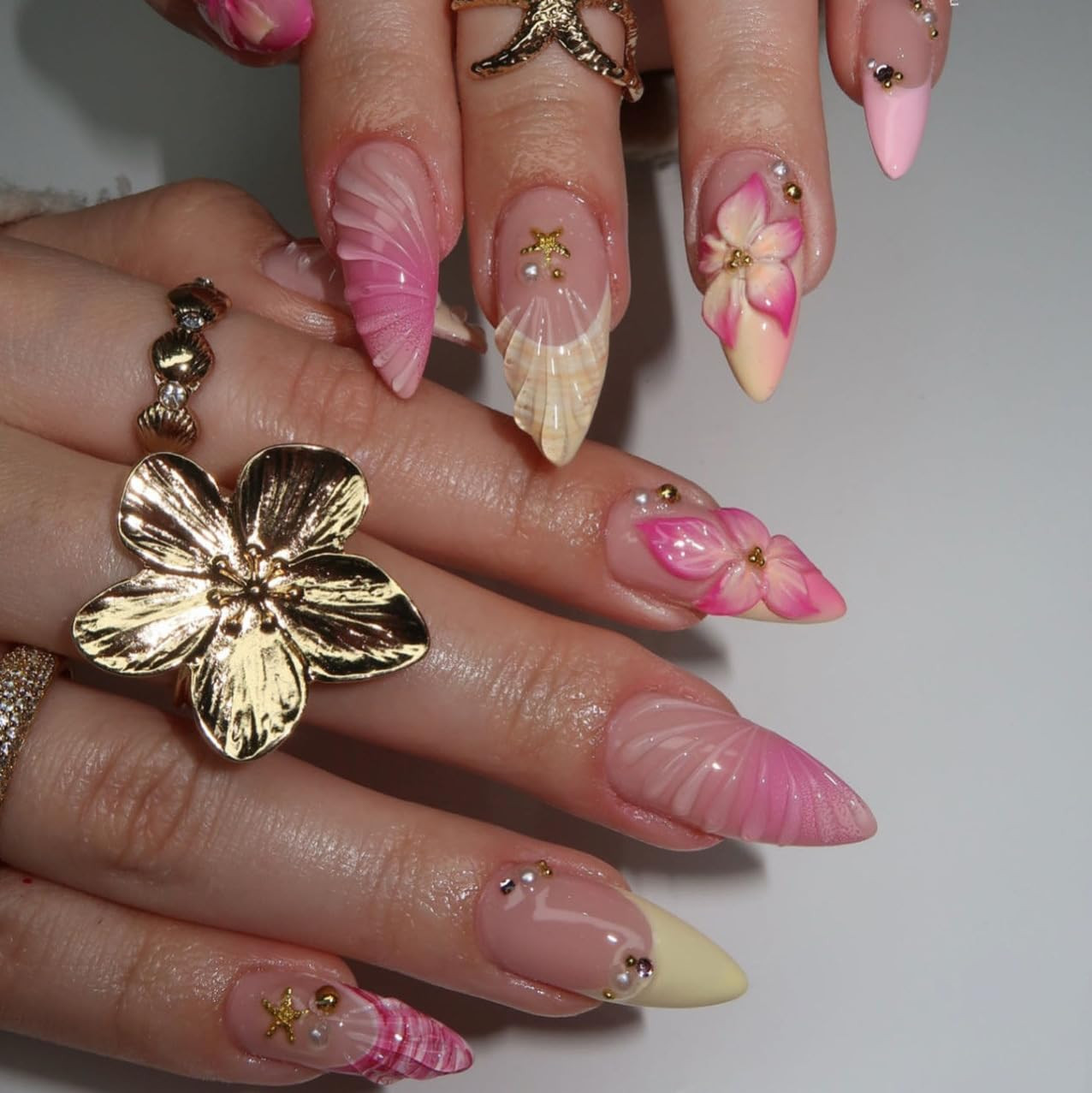 3D Flower Press on Nails Almond Summer Spring Pink Nails Press on French Fake Na