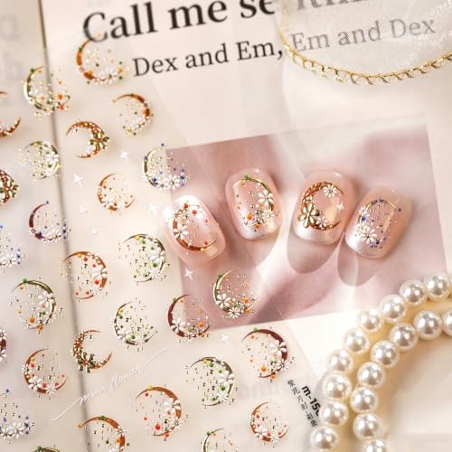 5D Embossed Gold Moon Daisy Nail Stickers for Women Pearl Star Nail Style-36