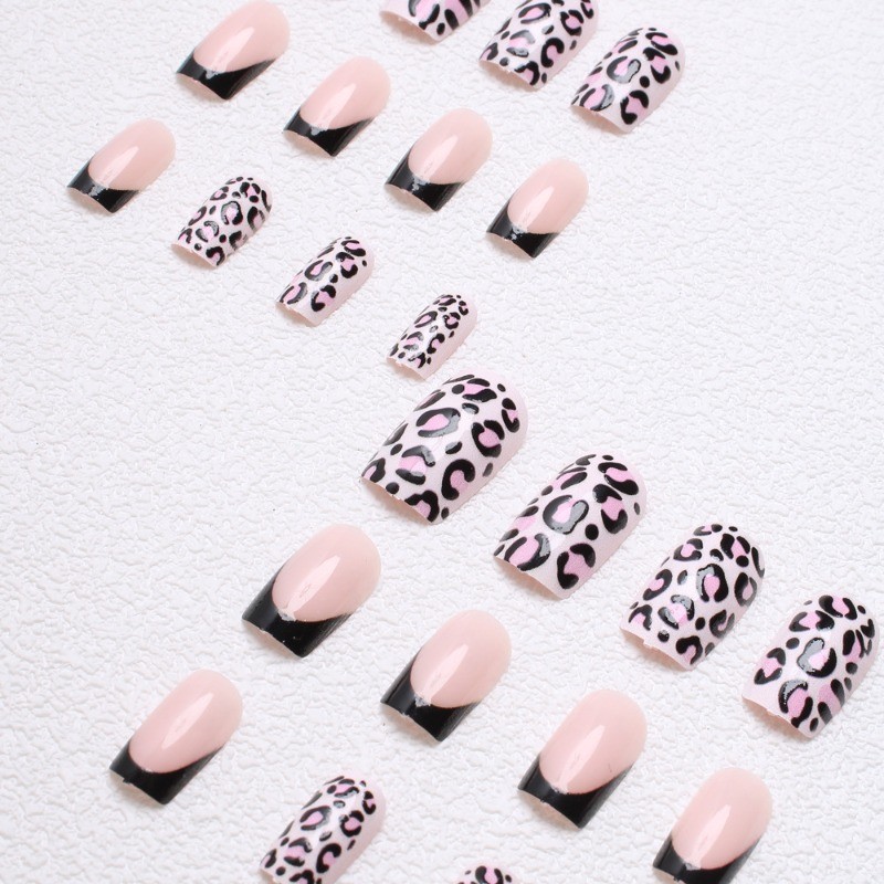 48pcs-Matte Pink Leopard Print Press on Nails, Square with Black French Tips