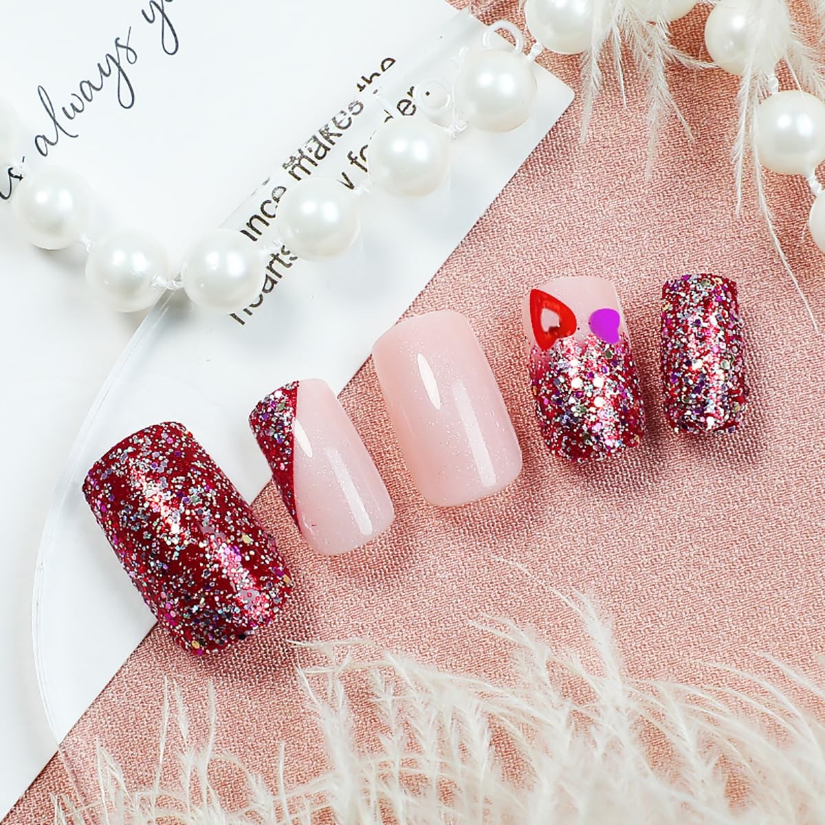 24Pcs Valentine’s French Tip Press on Nails Short Square Fake Nails Silver Gl…