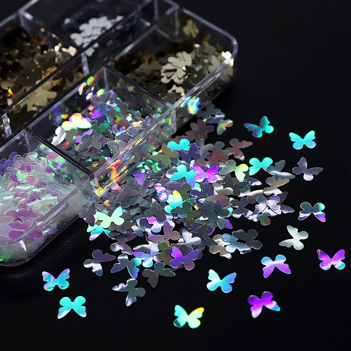 6 Grids Holographic Butterfly Nail Art Glitter Sequins 3D Sparkly Laser Butte…
