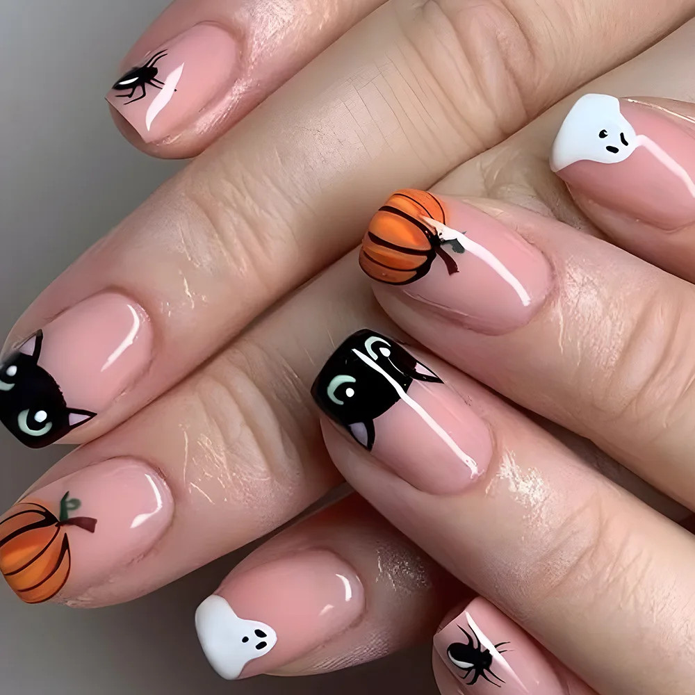24pcs Halloween Spider Gothic Short Round Press On Nails