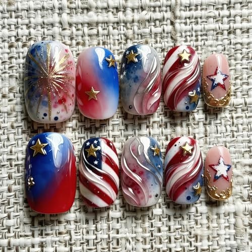 30Pcs 4th of July Press on Nails – Short Square Fake Nails – 4th of July-20