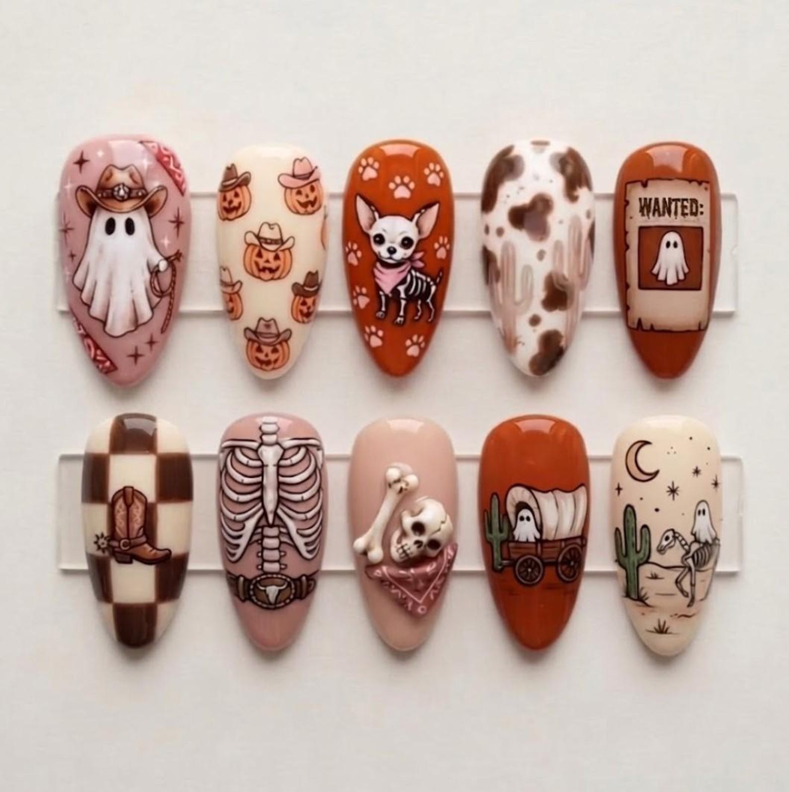 Custom Handmade Western Cowboy Halloween Ghost Skeleton Almond Press on Nails