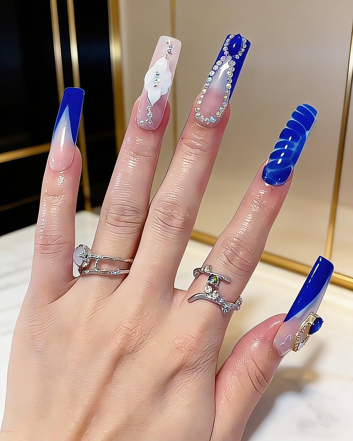 Luxury Handmade Long Blue Water Ripple Coffin Press-On Nails – 10pcs Glossy Acry