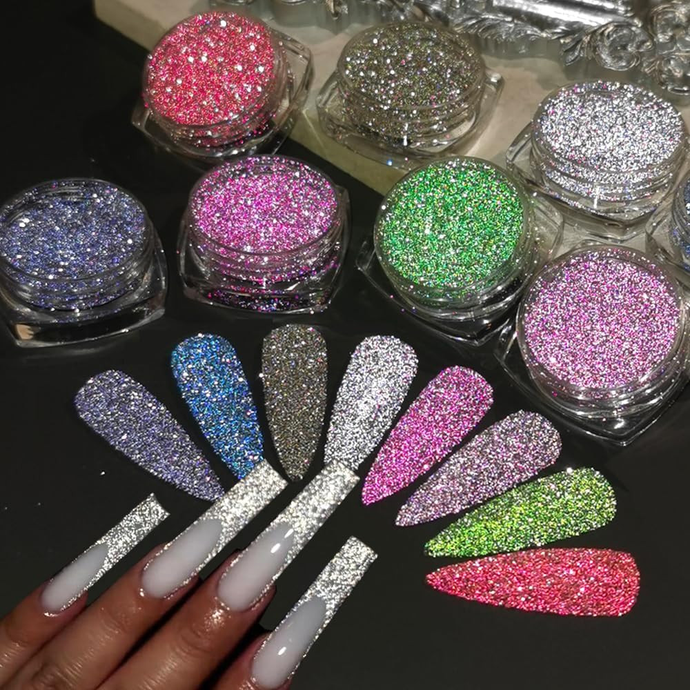 Reflective Glitter Powder Set, 8 Colors Holographic Sparkle Glitter Dust, Flash