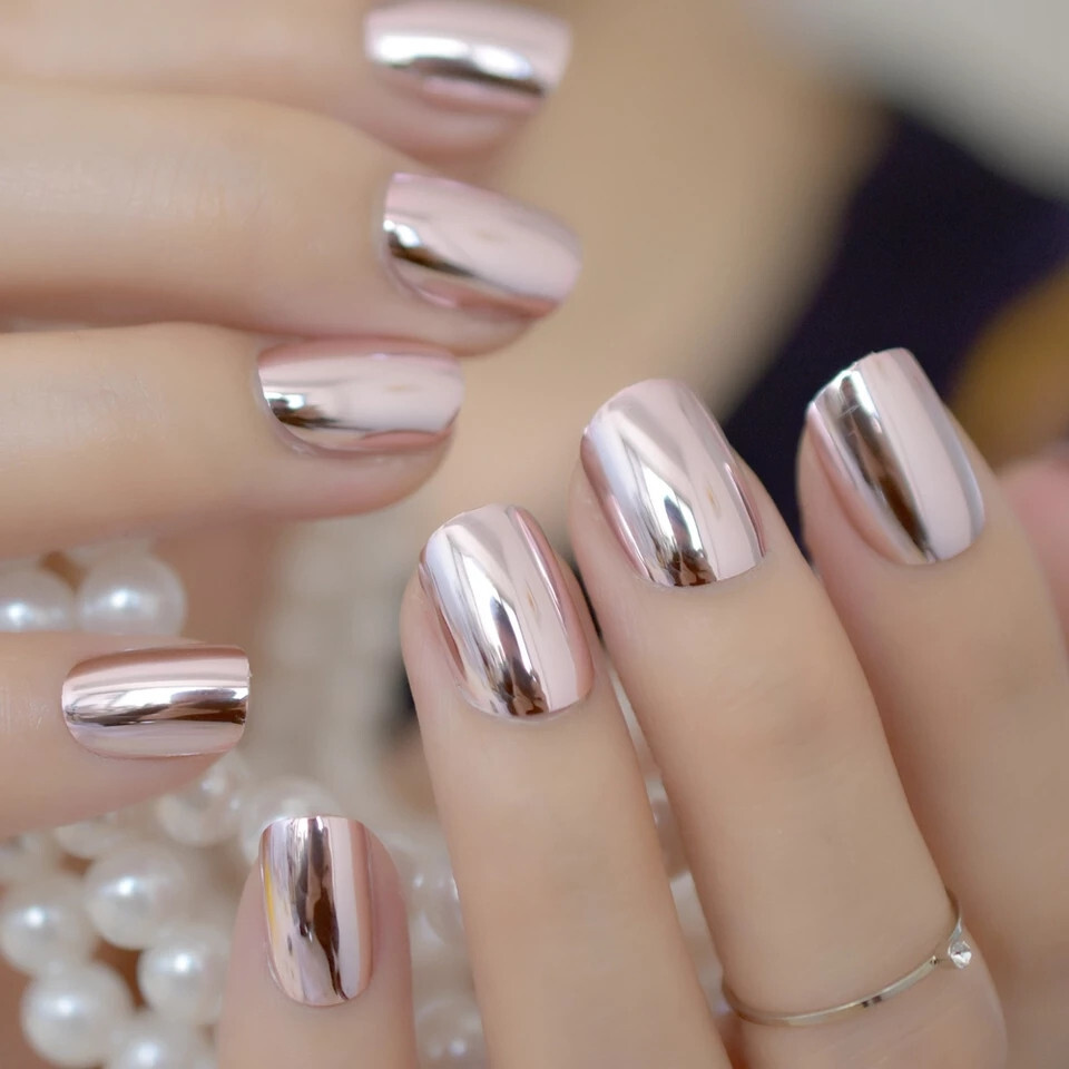 24 Short Press on nails kit w/ glue pink chrome mirror