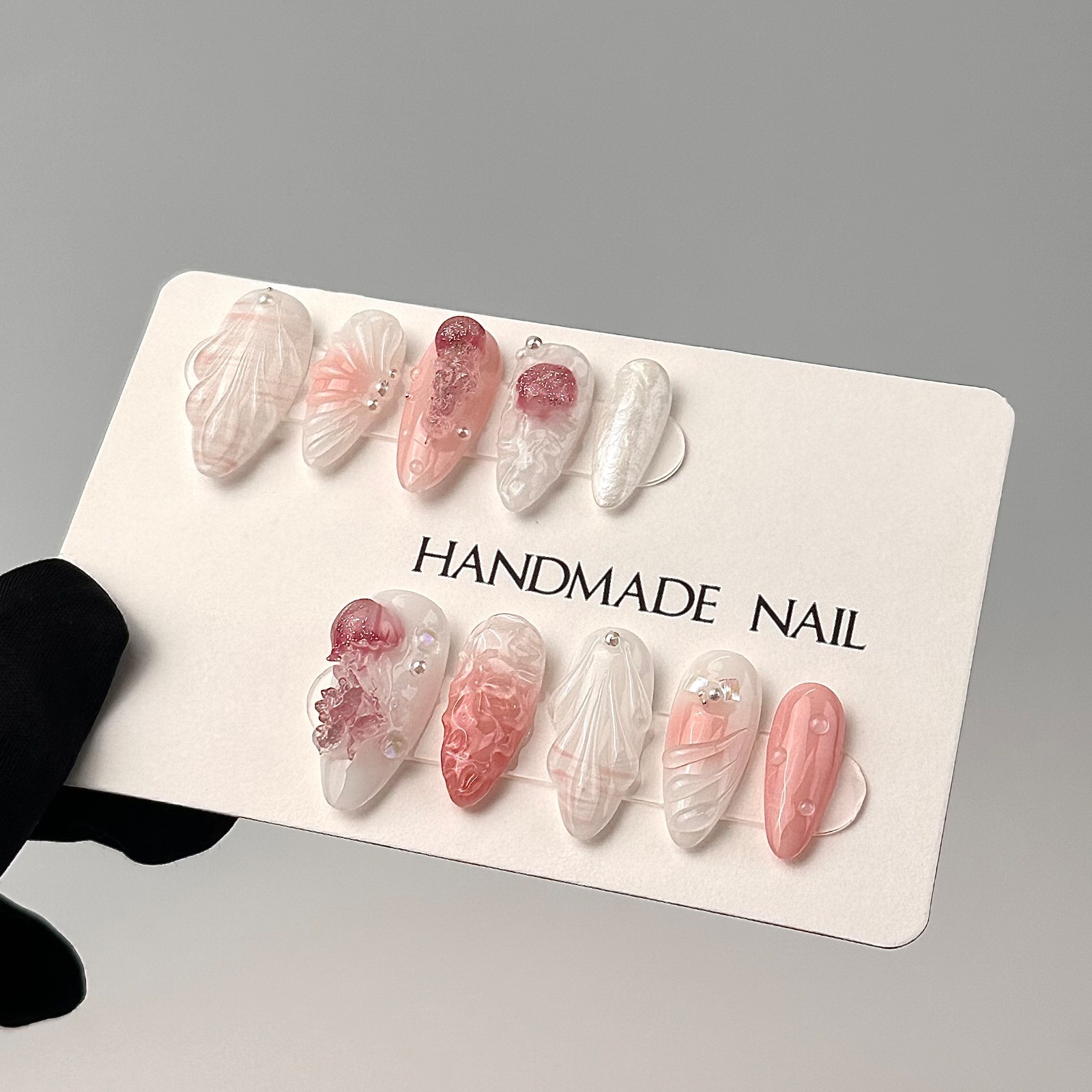 Seashell Jellyfish Mermaid Press On Nails Pink 3D Pearl Handmade Textured Nails